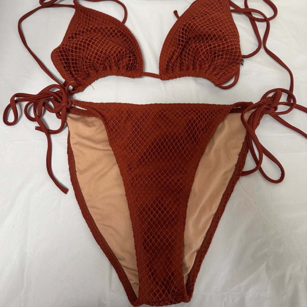 Rust Red Textured Mesh Tie-Side Bikini